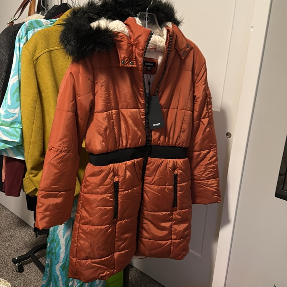 NWT Hudson Puffer Coat Faux Fur Trim in Baked Clay fleece lined. Fits women XS - Picture 8 of 16